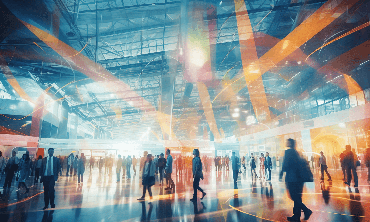 busy conference floor with light streak effects over the image