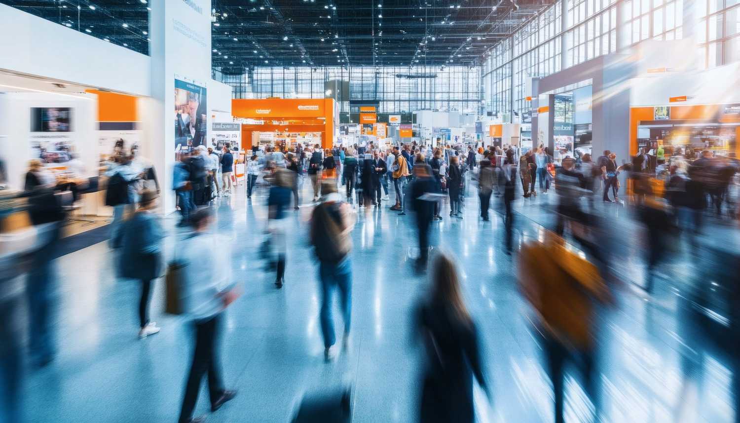 a busy workers' comp claims conference with people moving around in a blur